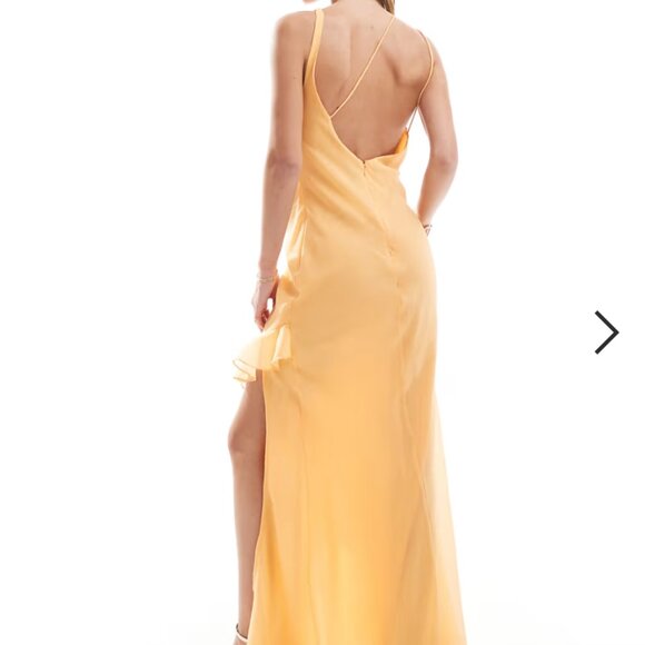 ASOS DESIGN cami maxi dress with cowl neck and ruffle split detail in orange - Picture 3 of 5